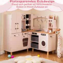 Kinder Eck Spielküche mit Doppeltür-Kühlschrank & Kaffeemaschine & Waschmaschine Holzküche Rosa