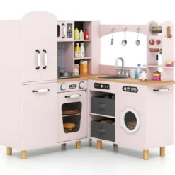 Kinder Eck Spielküche mit Doppeltür-Kühlschrank & Kaffeemaschine & Waschmaschine Holzküche Rosa
