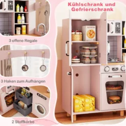 Kinder Eck Spielküche mit Doppeltür-Kühlschrank & Kaffeemaschine & Waschmaschine Holzküche Rosa