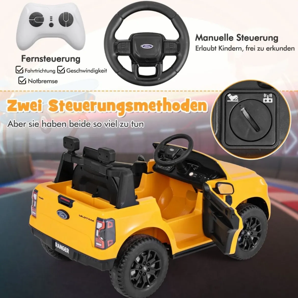 Kinder Elektroauto Ford 12V Kinderauto Elektro mit Fernbedienung & Ablagekorb & USB & Musik Gelb