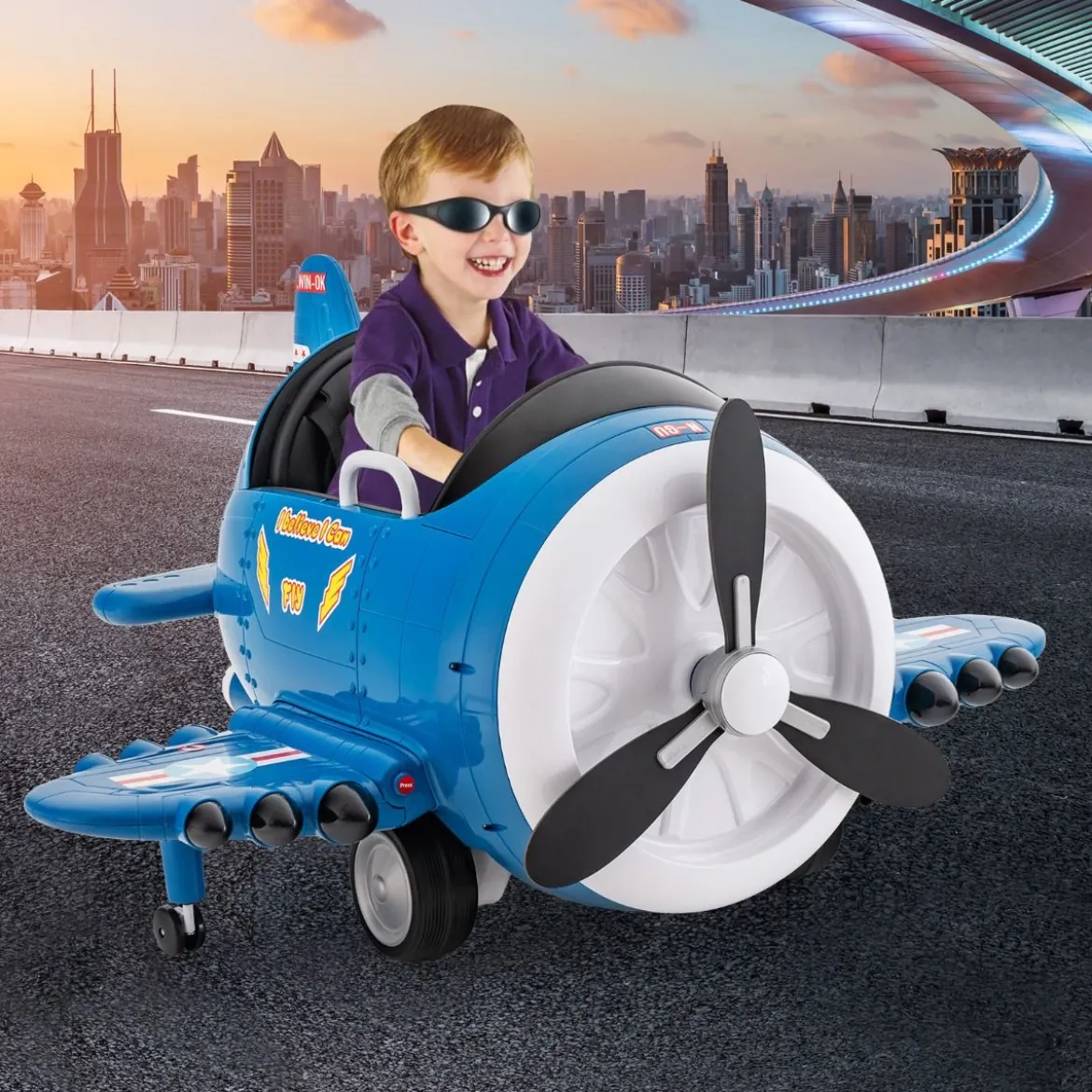 Kinder Elektroauto im Flugzeug-Look Elektroflugzeug Aufsitz mit Fernsteuerung Blau