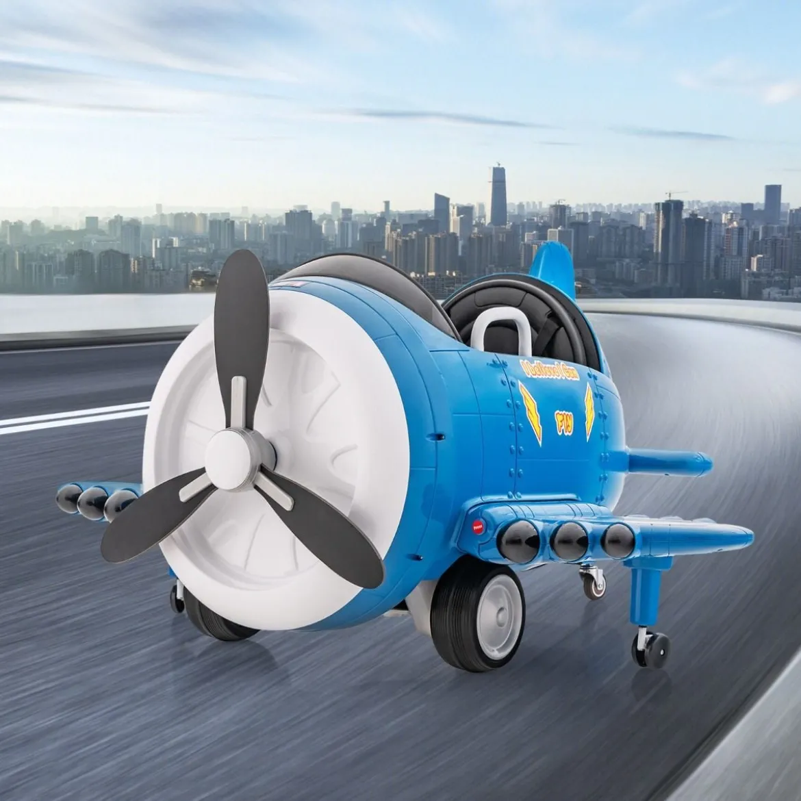 Kinder Elektroauto im Flugzeug-Look Elektroflugzeug Aufsitz mit Fernsteuerung Blau