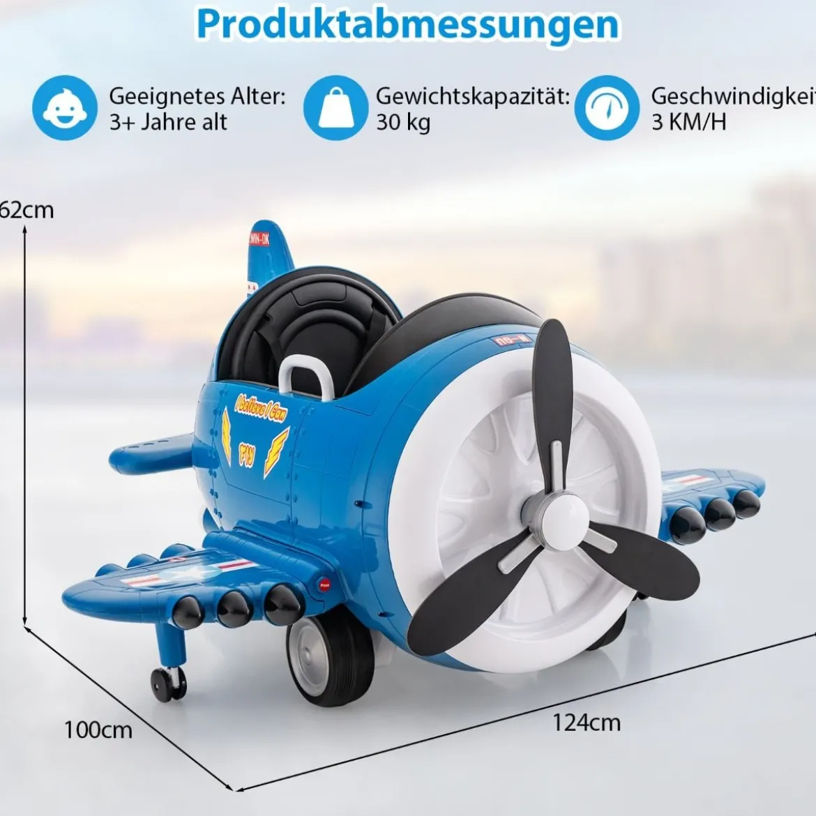 Kinder Elektroauto im Flugzeug-Look Elektroflugzeug Aufsitz mit Fernsteuerung Blau