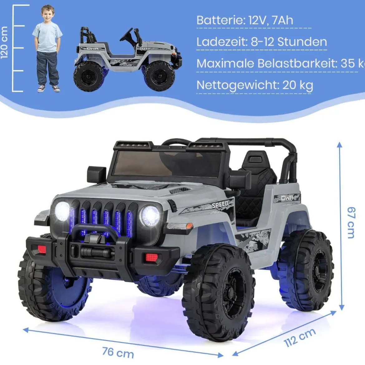 Kinder Elektroauto mit 2,4G-Fernbedienung & MP3 & Hupe 12V Elektro Kinderauto Grau