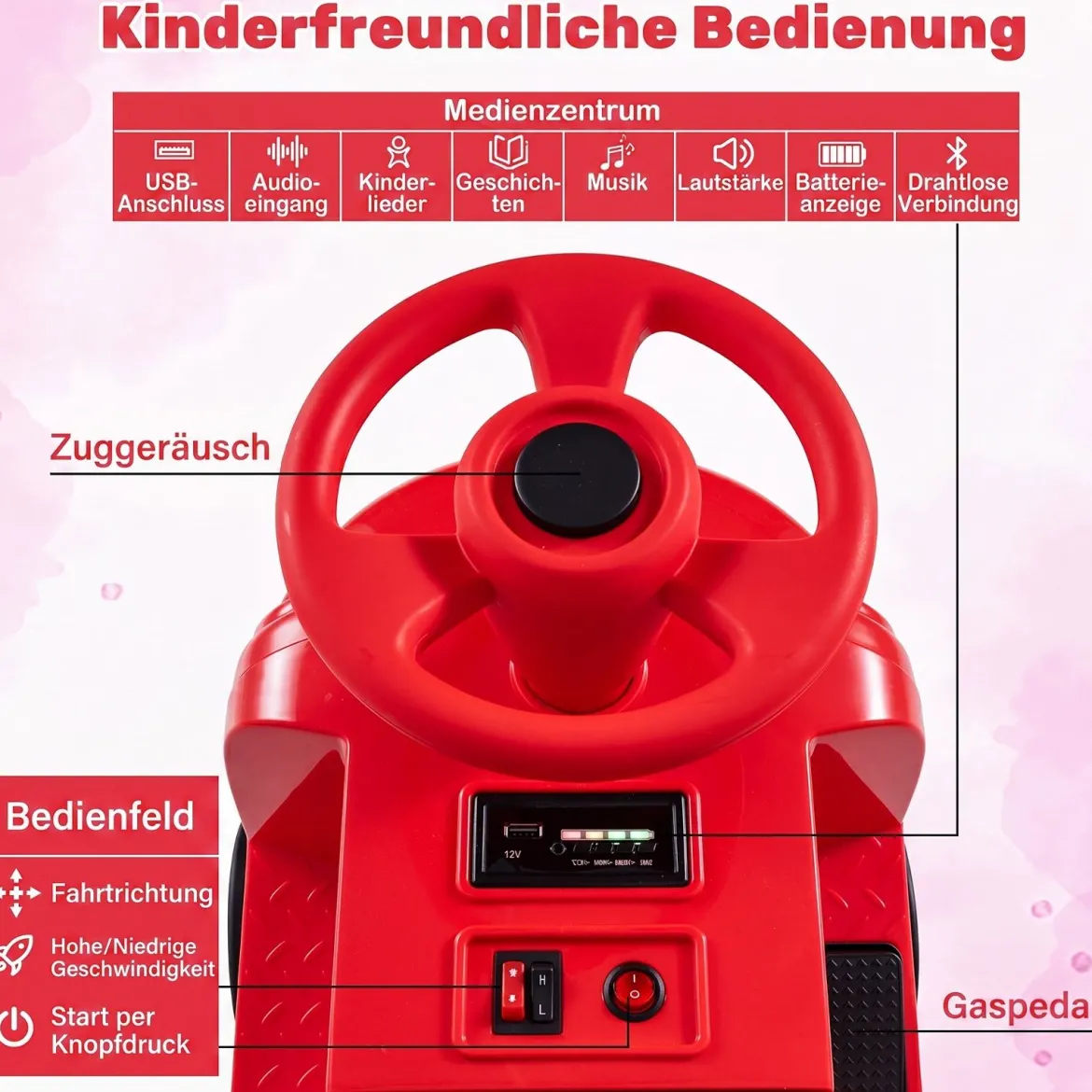 Kinder Elektroauto 12 V Kinderauto Elektrisch mit 2 Sitzen & 2 Motoren 95 x 41 x 51 cm Rot