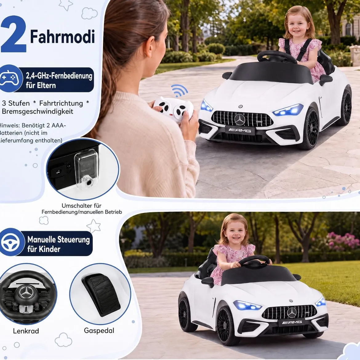 Kinder Elektroauto 12V Mercedes-AMG Kinderauto mit LED-Leuchten & 2,4G-Fernbedienung Weiß