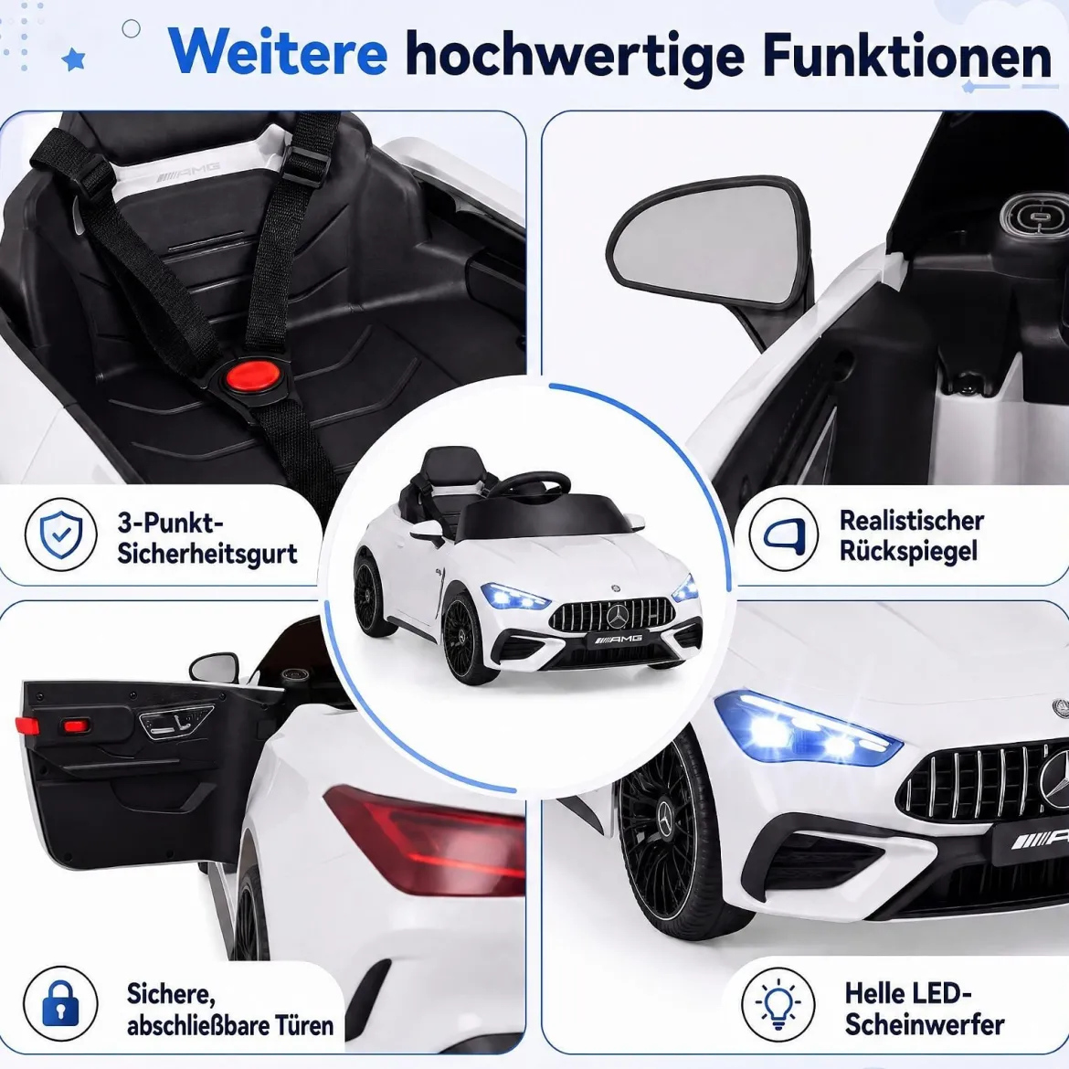 Kinder Elektroauto 12V Mercedes-AMG Kinderauto mit LED-Leuchten & 2,4G-Fernbedienung Weiß