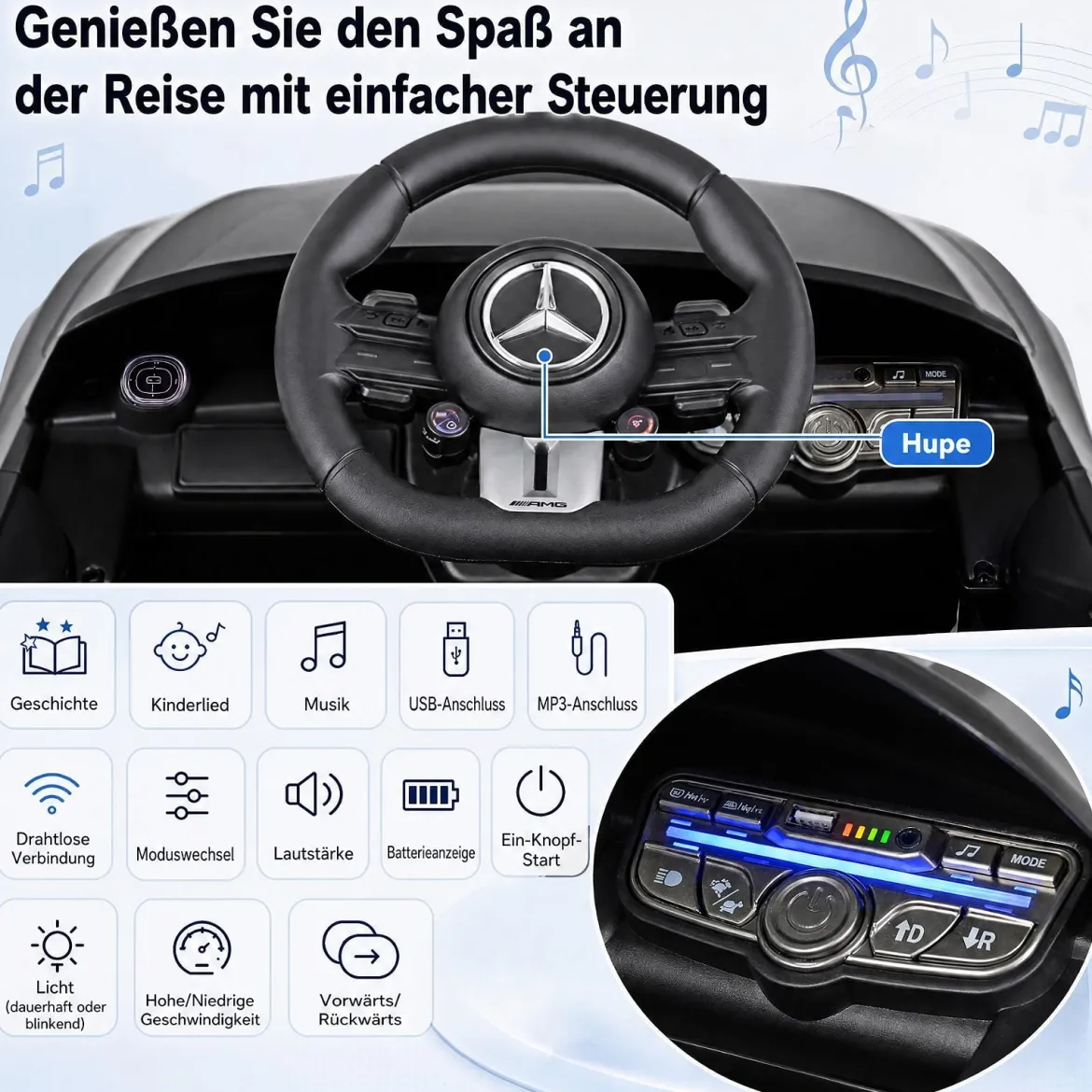 Kinder Elektroauto 12V Mercedes-AMG Kinderauto mit LED-Leuchten & 2,4G-Fernbedienung Schwarz