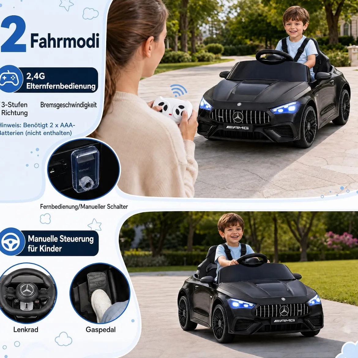 Kinder Elektroauto 12V Mercedes-AMG Kinderauto mit LED-Leuchten & 2,4G-Fernbedienung Schwarz