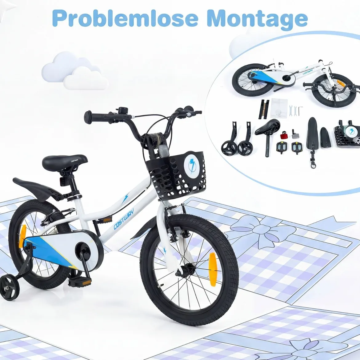 Kinderfahrrad 14/16 Zoll Fahrrad mit Höhenverstellbarem Sattel & Lenker für 3-5/4-7 Jahre Blau/Weiß