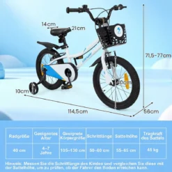 Kinderfahrrad 14/16 Zoll Fahrrad mit Höhenverstellbarem Sattel & Lenker für 3-5/4-7 Jahre Blau/Weiß