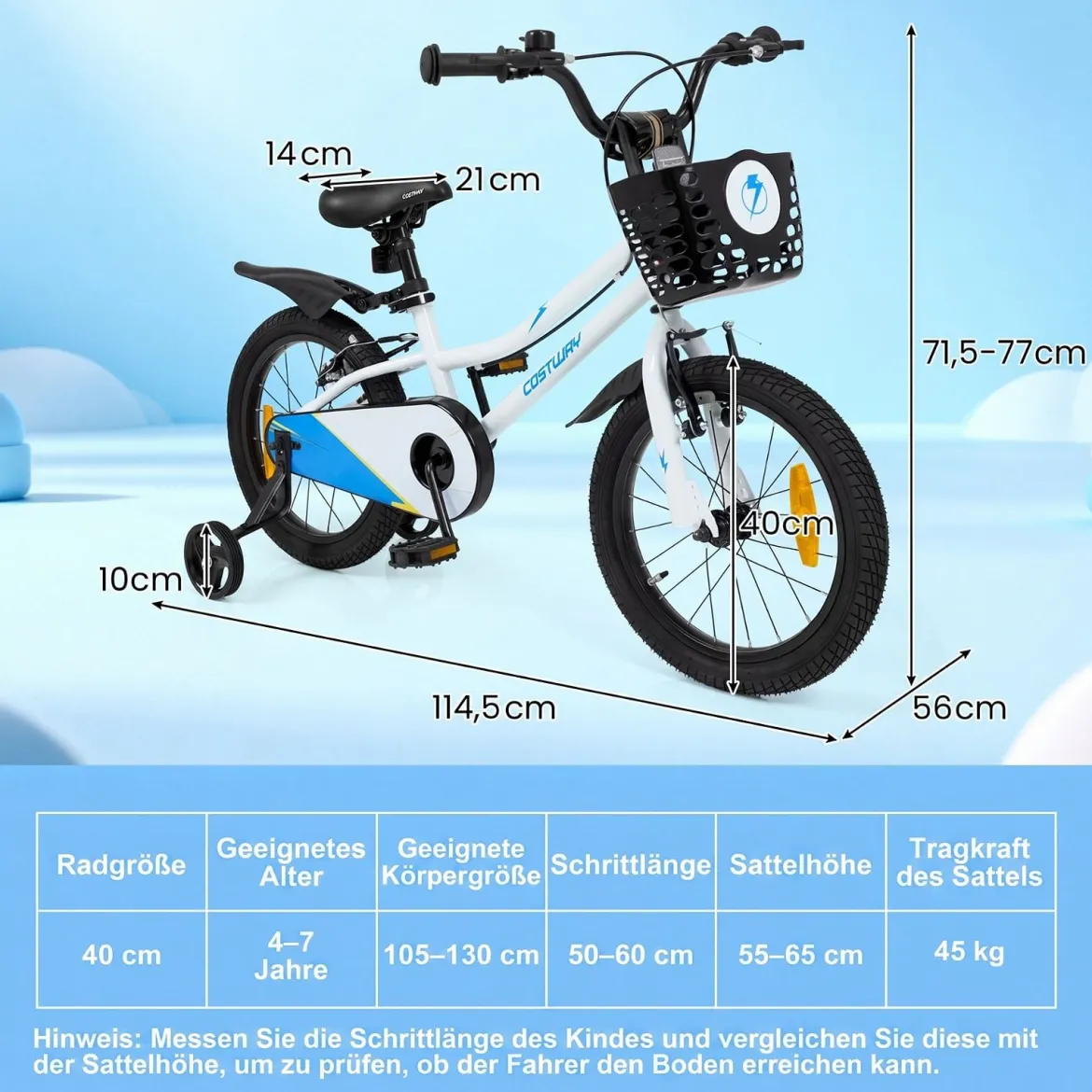 Kinderfahrrad 14/16 Zoll Fahrrad mit Höhenverstellbarem Sattel & Lenker für 3-5/4-7 Jahre Blau/Weiß