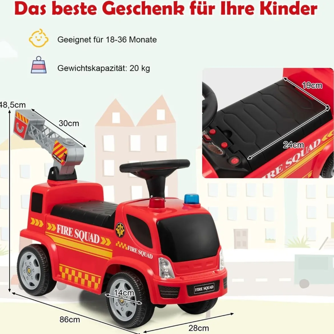 Kinder Feuerwehrauto mit Seifenblasenpistole & Leiter für Kinder von 18-36 Monaten Rot