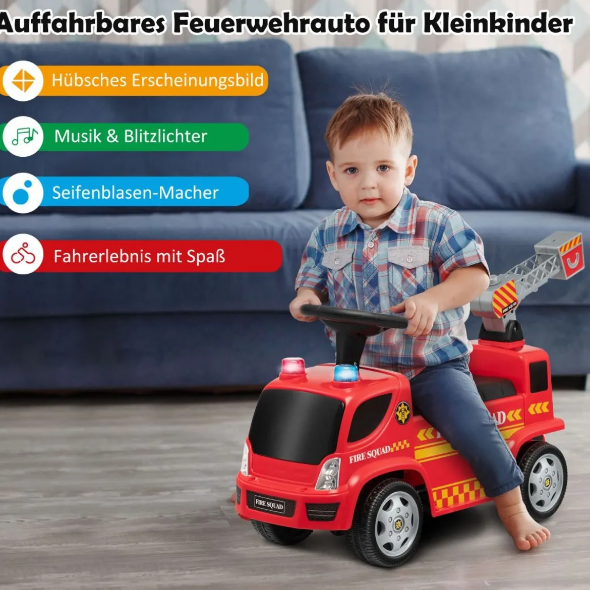 Kinder Feuerwehrauto mit Seifenblasenpistole & Leiter für Kinder von 18-36 Monaten Rot