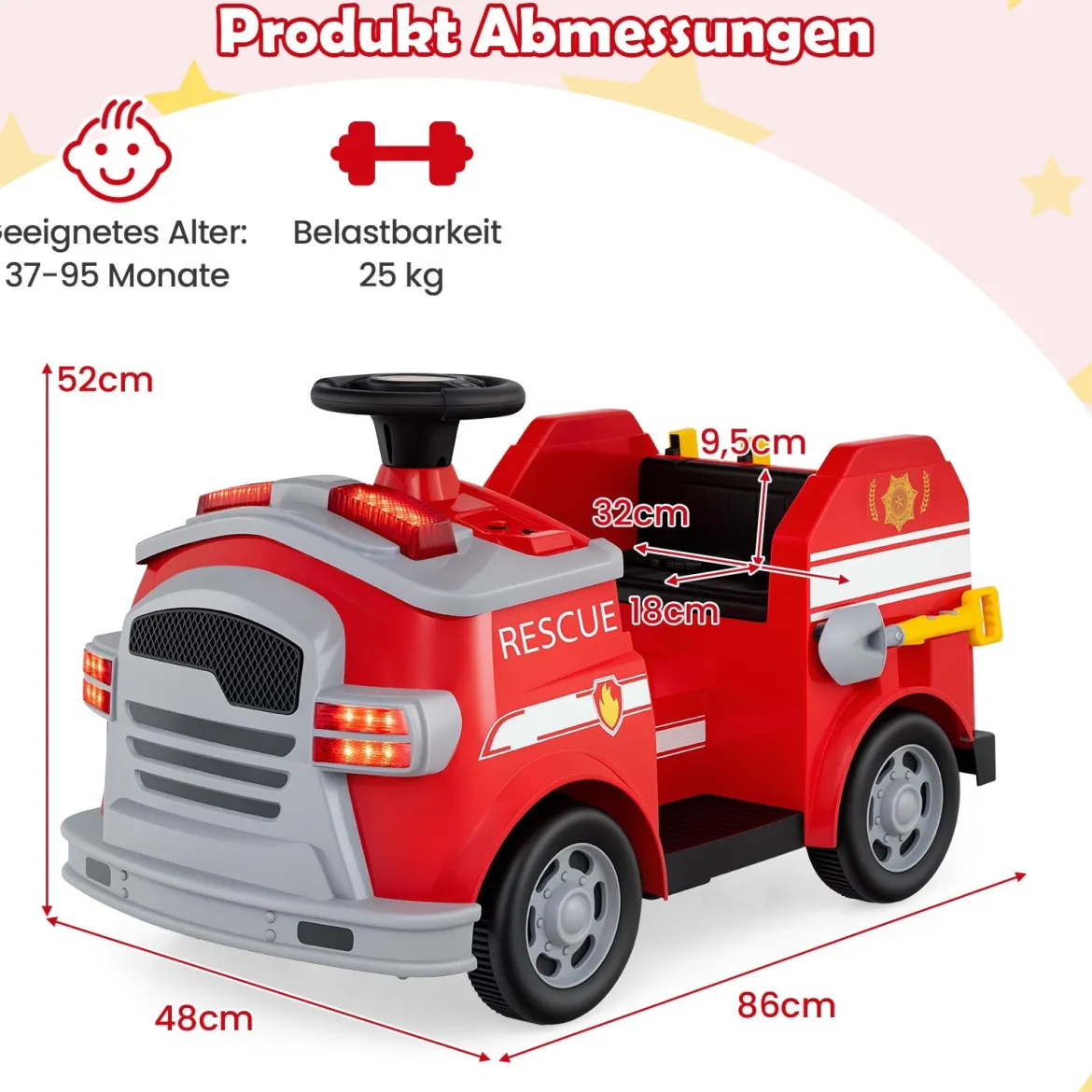 Kinder Feuerwehr Rutschauto 12V Feuerwehrauto mit Schaufel & Feuerlöscher Rutschfahrzeug Rot