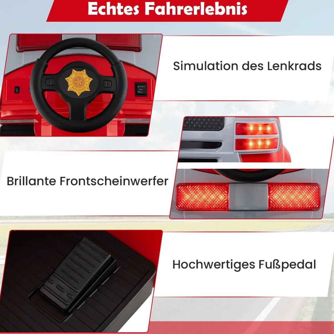 Kinder Feuerwehr Rutschauto 12V Feuerwehrauto mit Schaufel & Feuerlöscher Rutschfahrzeug Rot