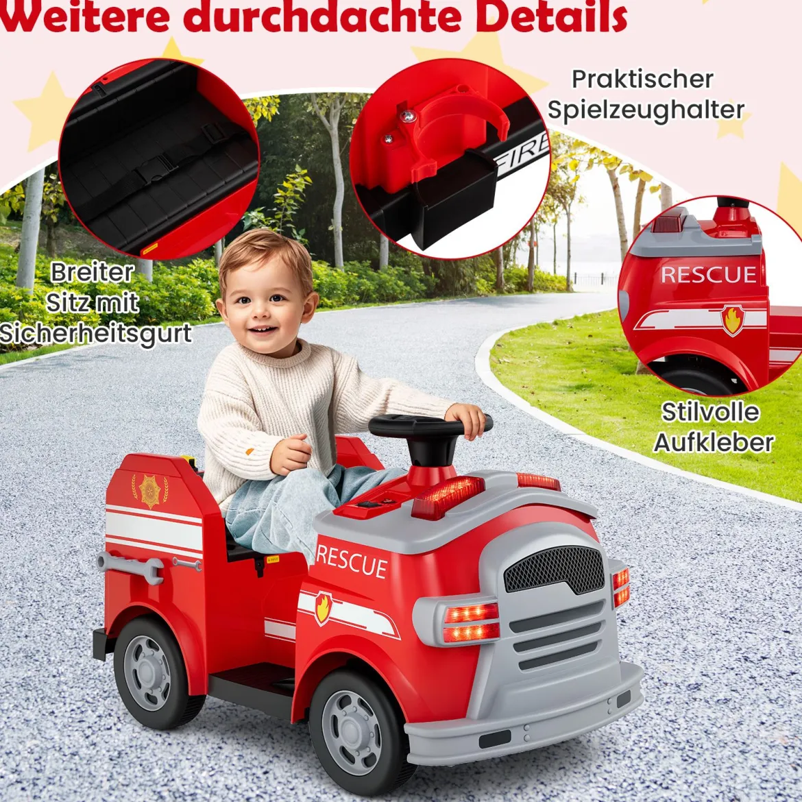 Kinder Feuerwehr Rutschauto 12V Feuerwehrauto mit Schaufel & Feuerlöscher Rutschfahrzeug Rot