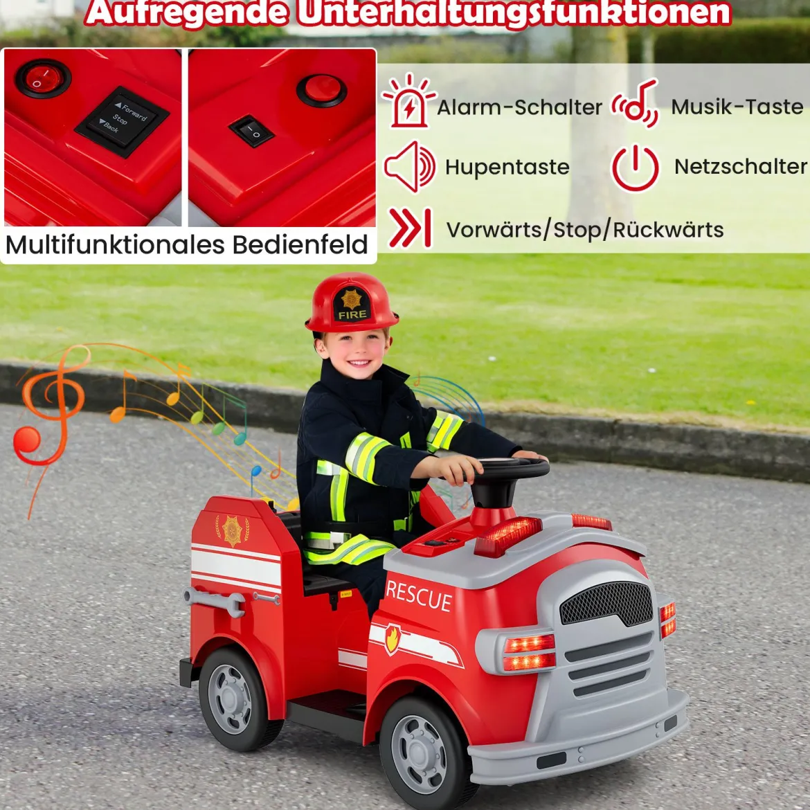 Kinder Feuerwehr Rutschauto 12V Feuerwehrauto mit Schaufel & Feuerlöscher Rutschfahrzeug Rot