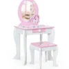 Kinder-Frisiertischset Prinzessinnen-Frisiertisch aus Holz mit Hocker Spiegel Schublade Weiß + Rosa