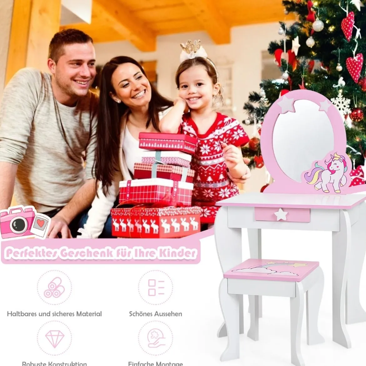 Kinder-Frisiertischset Prinzessinnen-Frisiertisch aus Holz mit Hocker Spiegel Schublade Weiß + Rosa