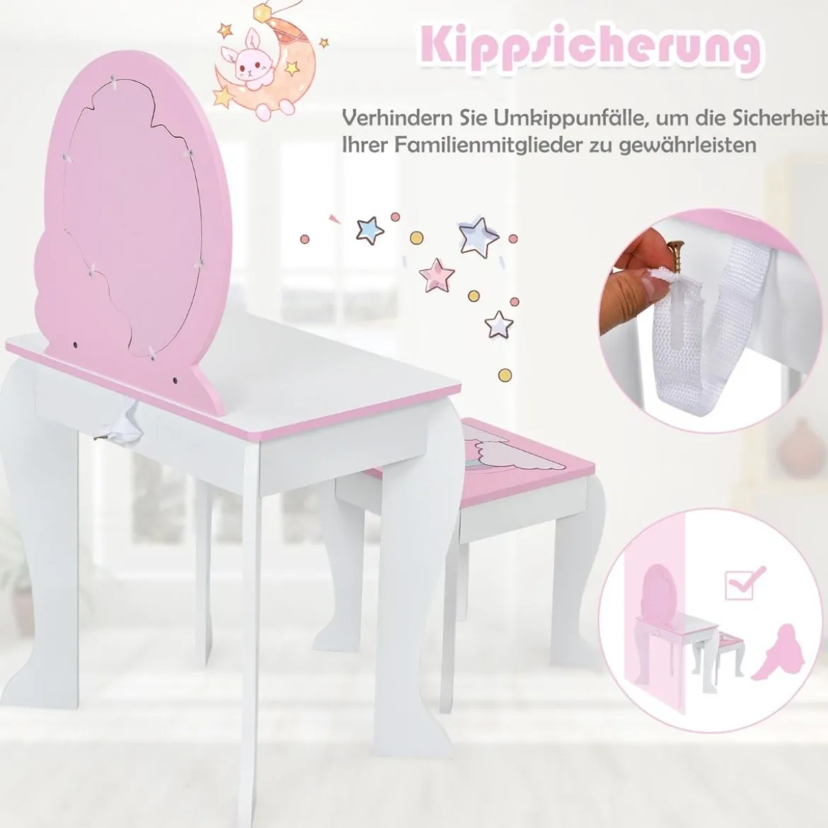 Kinder-Frisiertischset Prinzessinnen-Frisiertisch aus Holz mit Hocker Spiegel Schublade Weiß + Rosa