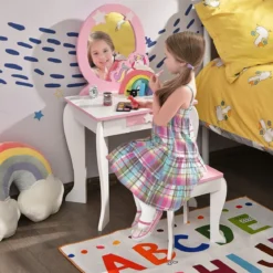 Kinder-Frisiertischset Prinzessinnen-Frisiertisch aus Holz mit Hocker Spiegel Schublade Weiß + Rosa