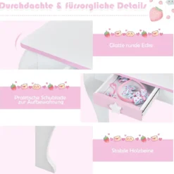 Kinder-Frisiertischset Prinzessinnen-Frisiertisch aus Holz mit Hocker Spiegel Schublade Weiß + Rosa