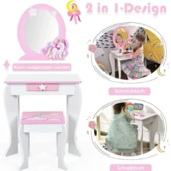 Kinder-Frisiertischset Prinzessinnen-Frisiertisch aus Holz mit Hocker Spiegel Schublade Weiß + Rosa
