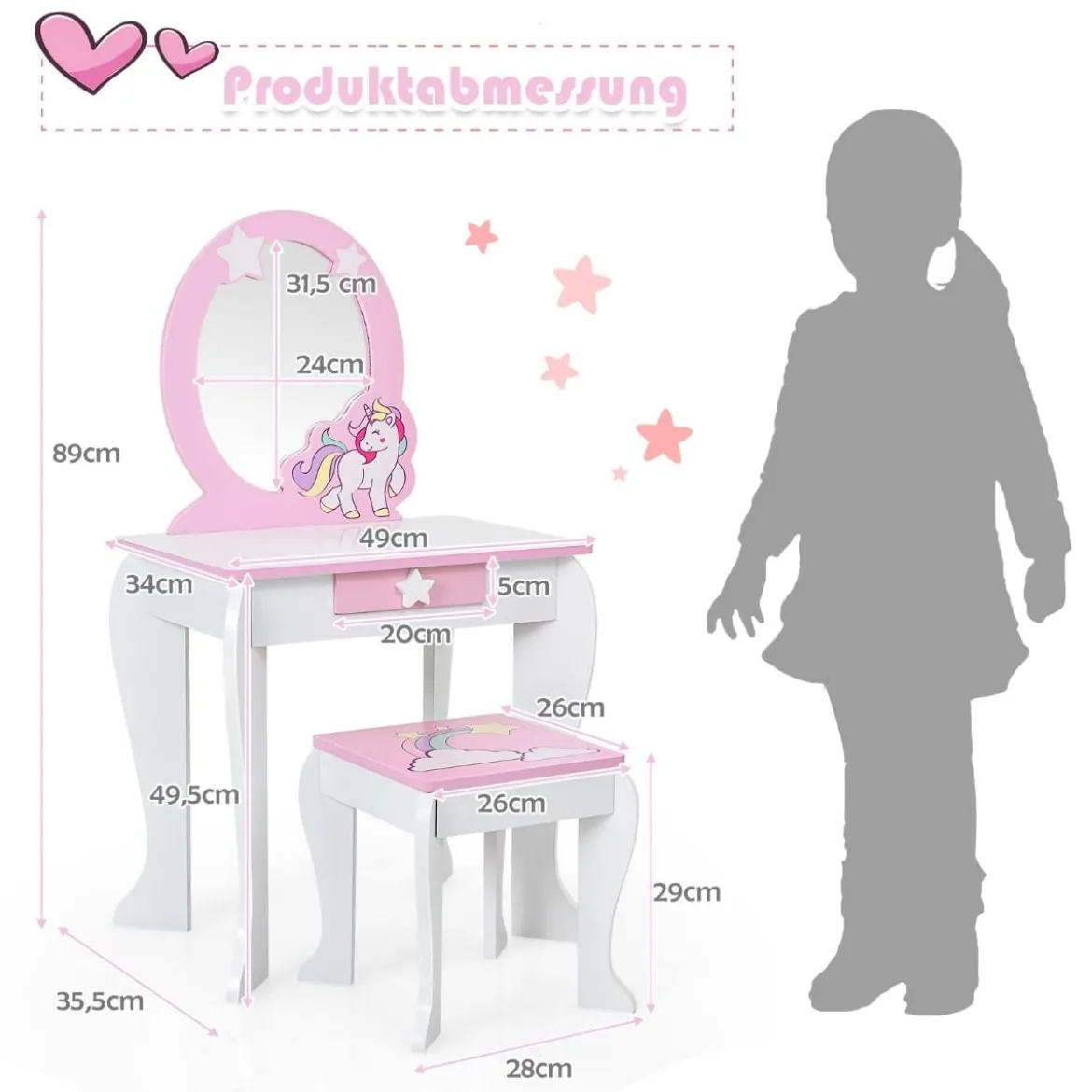 Kinder-Frisiertischset Prinzessinnen-Frisiertisch aus Holz mit Hocker Spiegel Schublade Weiß + Rosa