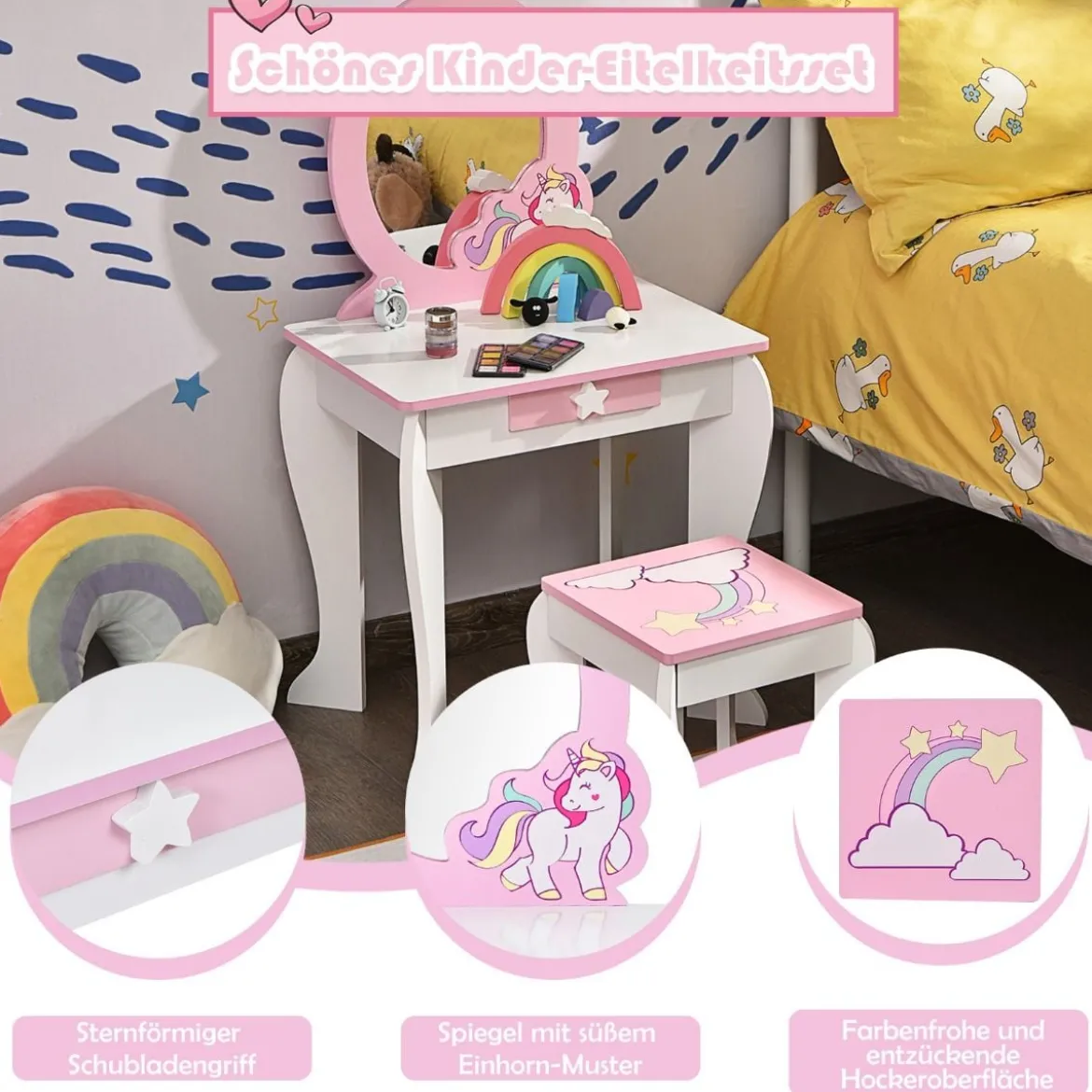 Kinder-Frisiertischset Prinzessinnen-Frisiertisch aus Holz mit Hocker Spiegel Schublade Weiß + Rosa