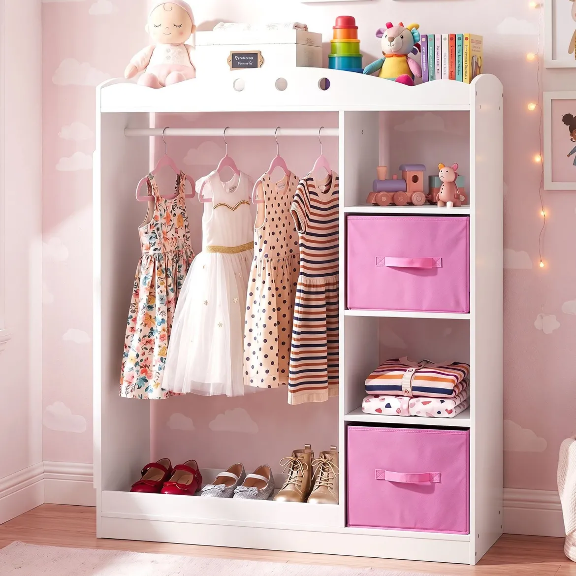Kindergarderobe mit Spiegel Kinder Kleiderschrank aus Holz mit Offenen Regalen & Kleiderstange Weiß