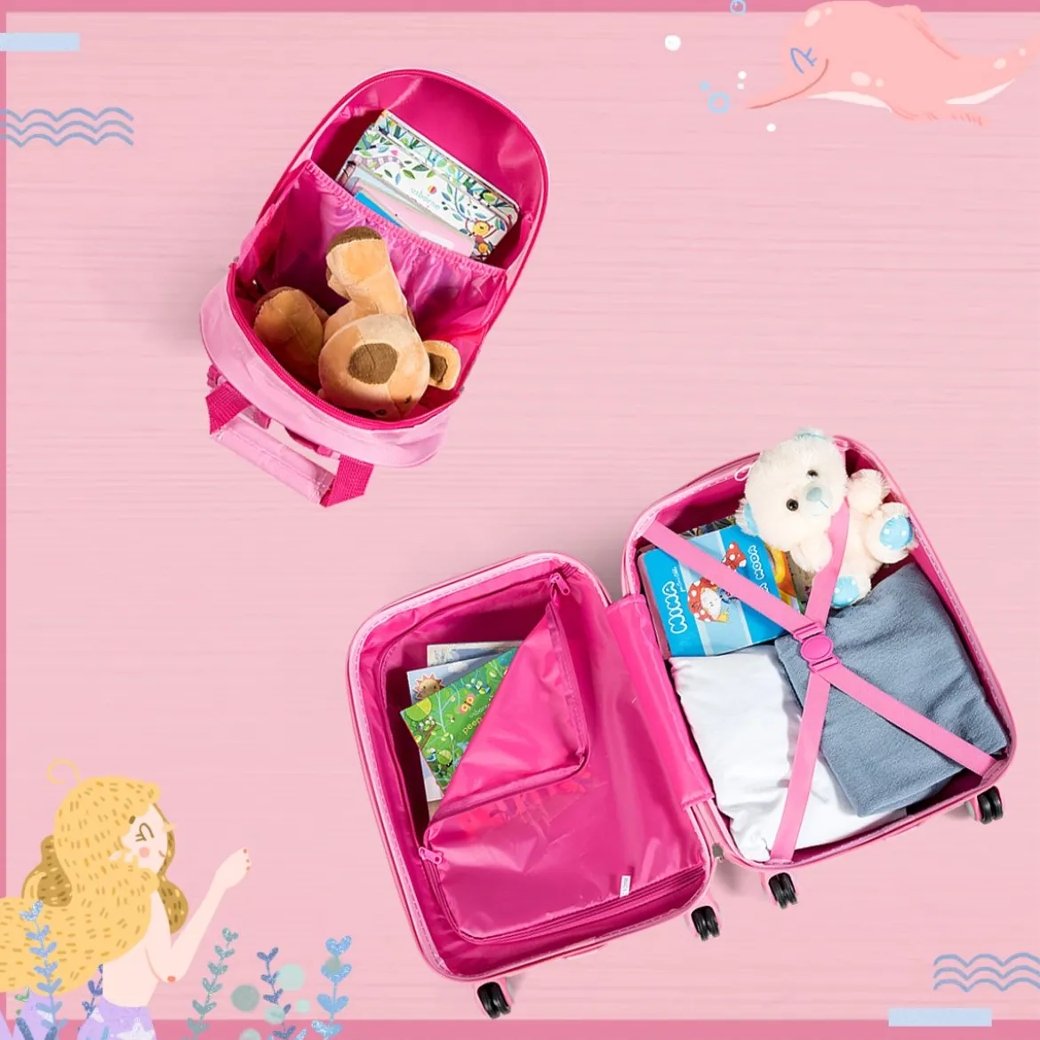 Kindergepäck Meerjungfrau Reisekoffer Kinderkoffer Set mit Rucksack Rosa