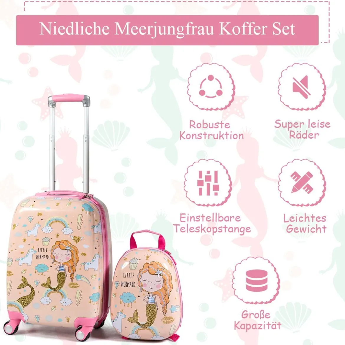 Kindergepäck Meerjungfrau Reisekoffer Kinderkoffer Set mit Rucksack Rosa