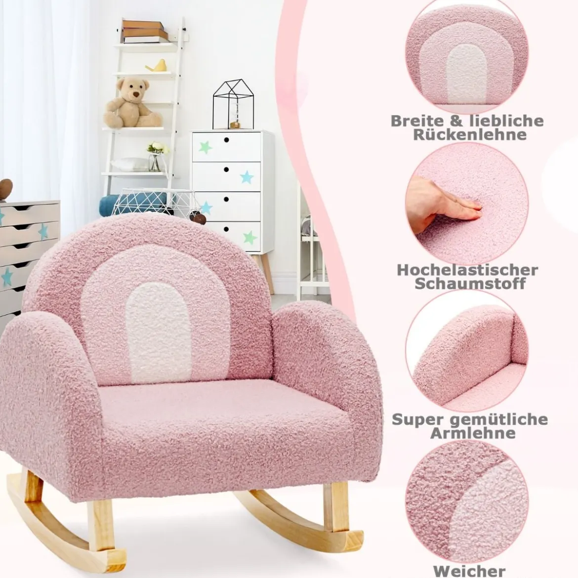 Kinder Gepolsterter Schaukelstuhl mit Massivholzbeinen Rosa