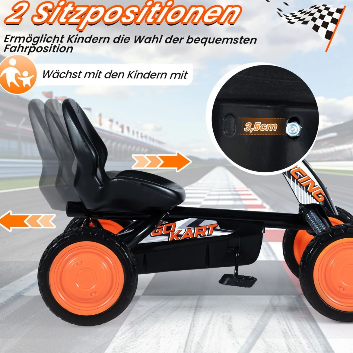 Kinder Gokart Verstellbarer Sitz Pedal Vorwärts Rückwärts Reifen Outdoor für 3-8 Jahre Schwarz