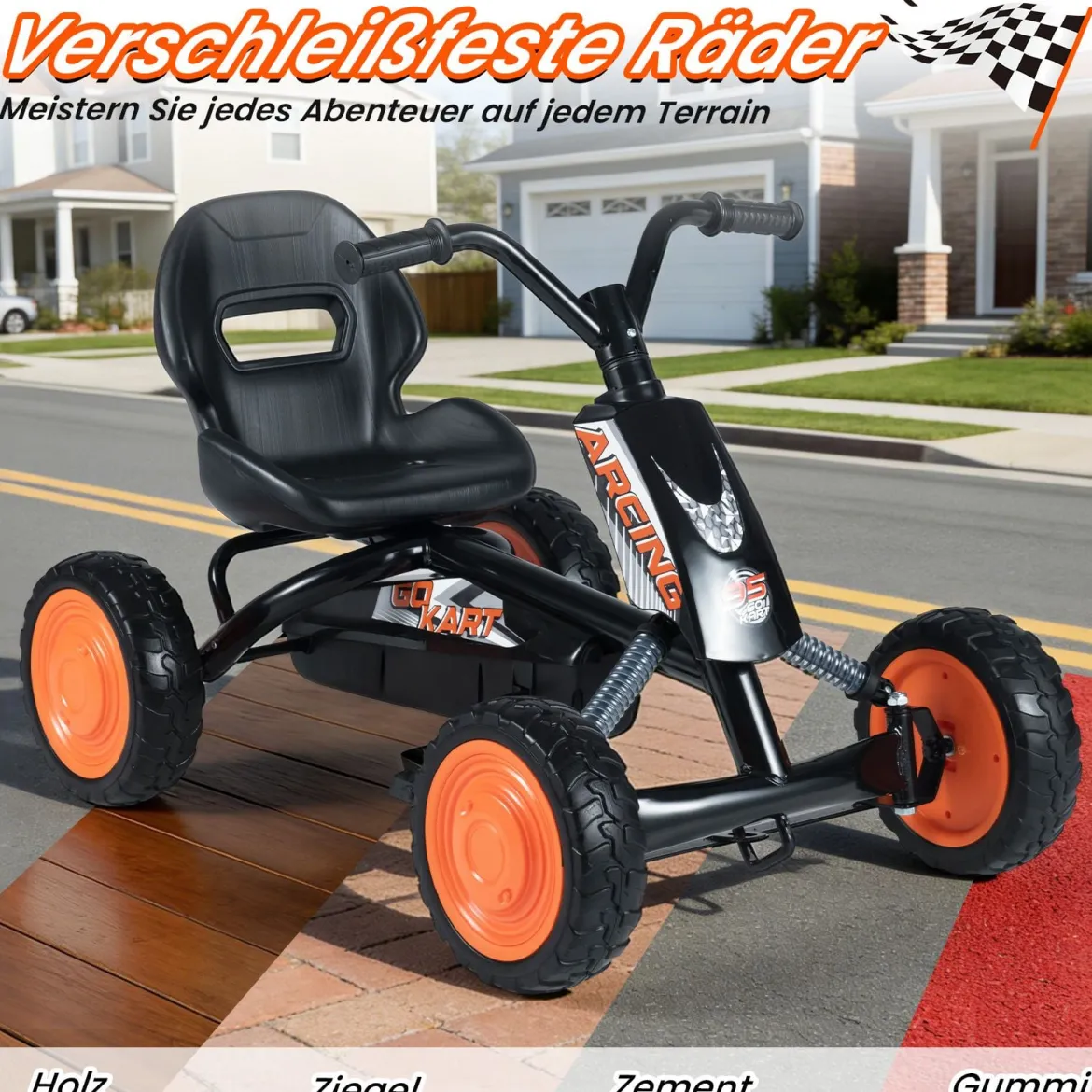 Kinder Gokart Verstellbarer Sitz Pedal Vorwärts Rückwärts Reifen Outdoor für 3-8 Jahre Schwarz
