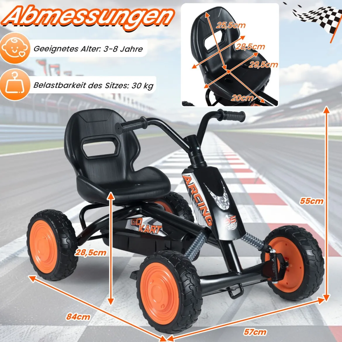 Kinder Gokart Verstellbarer Sitz Pedal Vorwärts Rückwärts Reifen Outdoor für 3-8 Jahre Schwarz