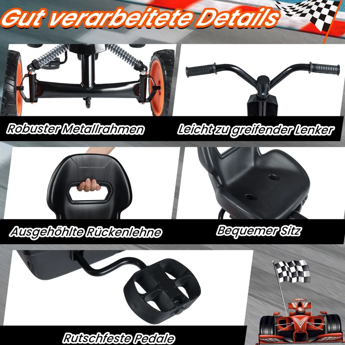 Kinder Gokart Verstellbarer Sitz Pedal Vorwärts Rückwärts Reifen Outdoor für 3-8 Jahre Schwarz