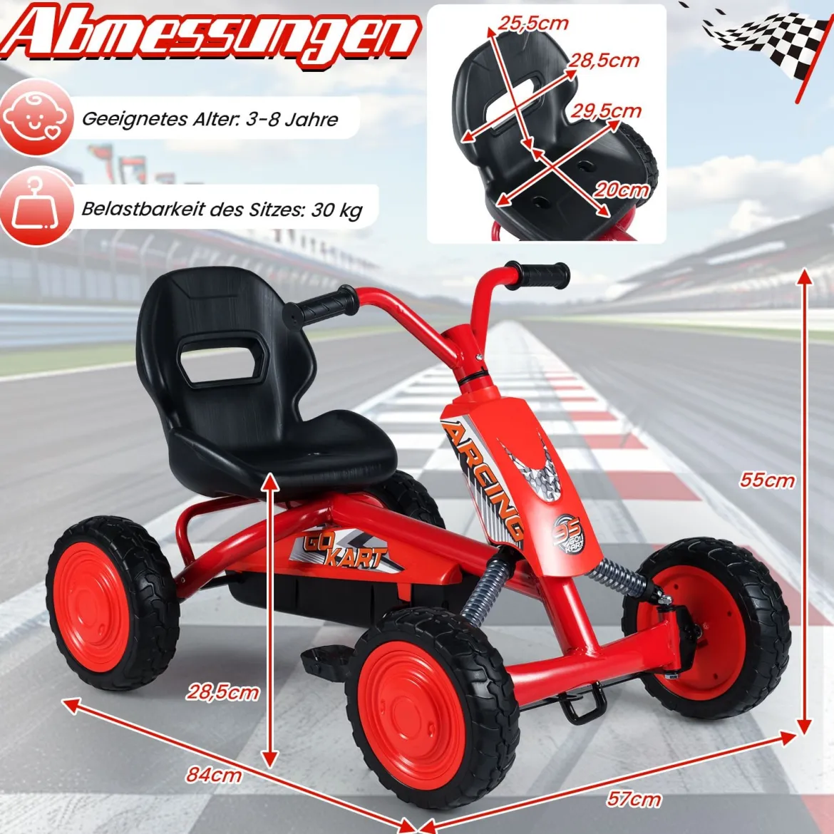 Kinder Gokart Verstellbarer Sitz Pedal Vorwärts Rückwärts Reifen Outdoor für 3-8 Jahre Rot