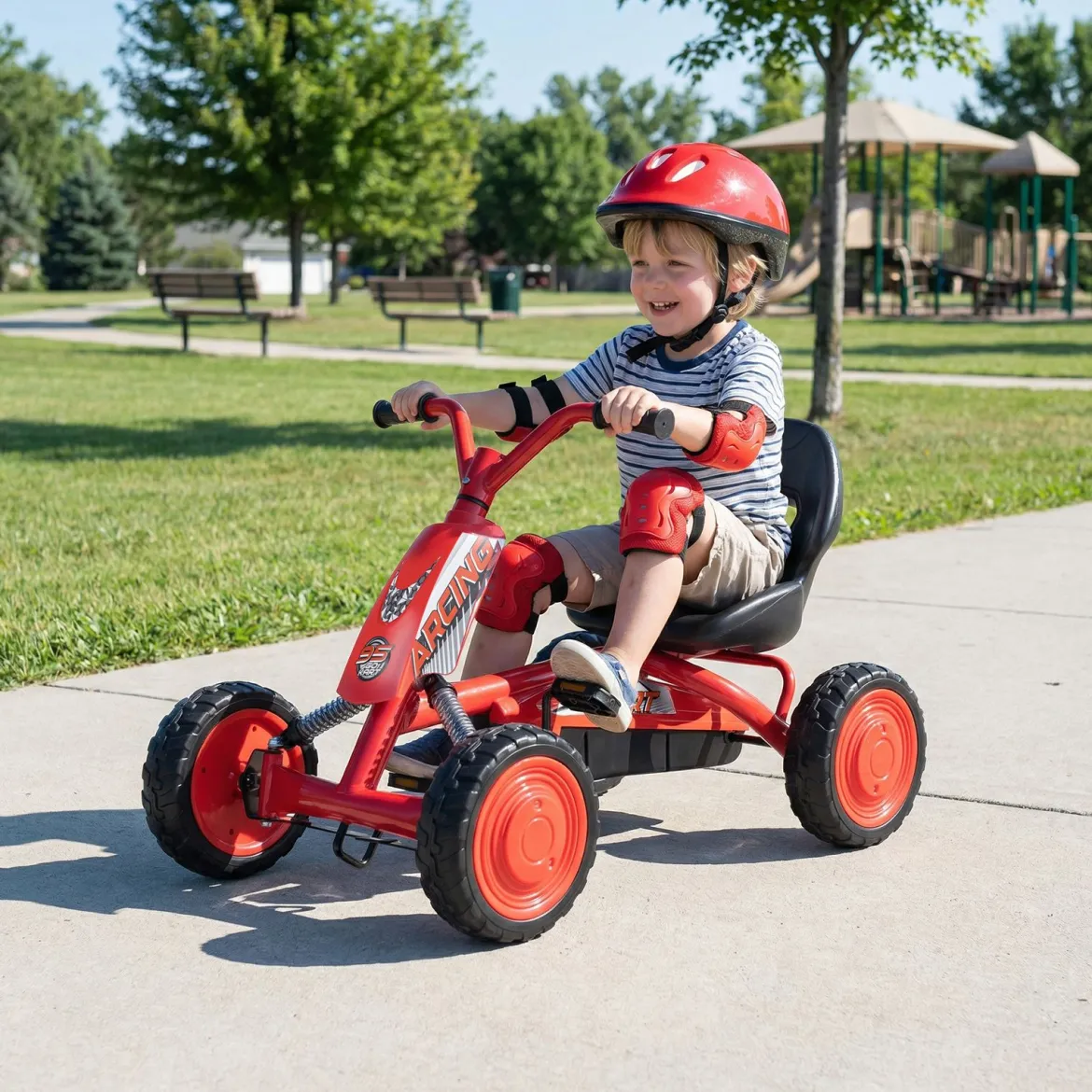 Kinder Gokart Verstellbarer Sitz Pedal Vorwärts Rückwärts Reifen Outdoor für 3-8 Jahre Rot