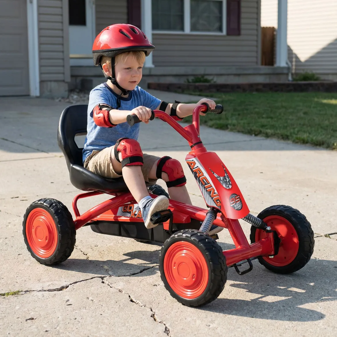 Kinder Gokart Verstellbarer Sitz Pedal Vorwärts Rückwärts Reifen Outdoor für 3-8 Jahre Rot