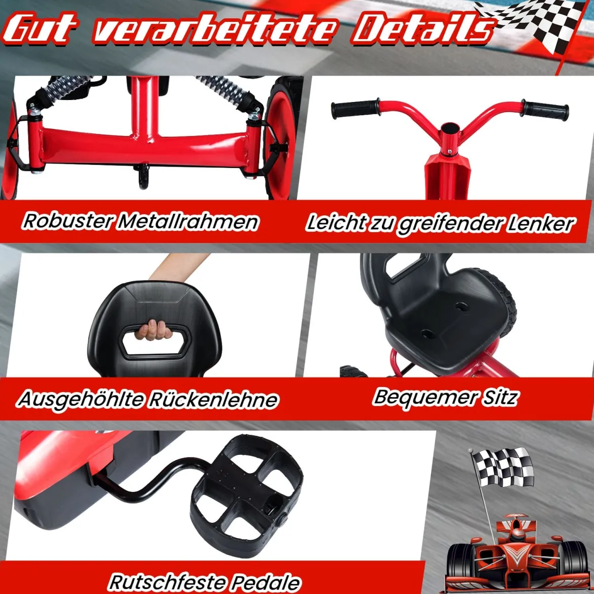 Kinder Gokart Verstellbarer Sitz Pedal Vorwärts Rückwärts Reifen Outdoor für 3-8 Jahre Rot