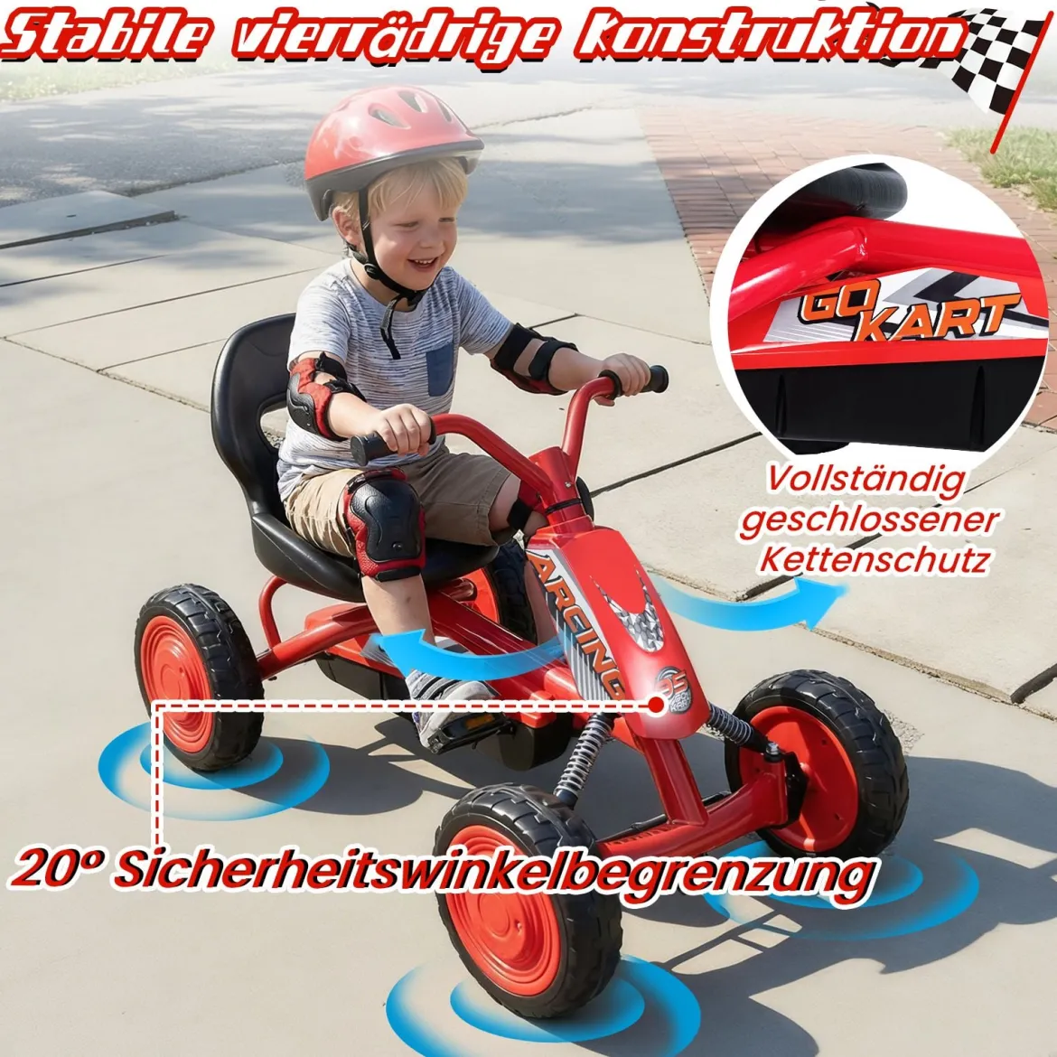 Kinder Gokart Verstellbarer Sitz Pedal Vorwärts Rückwärts Reifen Outdoor für 3-8 Jahre Rot