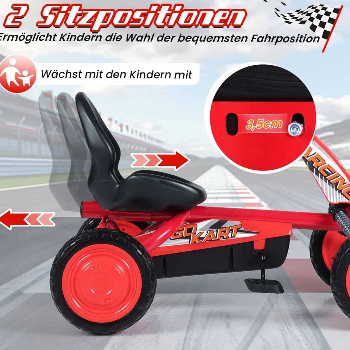 Kinder Gokart Verstellbarer Sitz Pedal Vorwärts Rückwärts Reifen Outdoor für 3-8 Jahre Rot