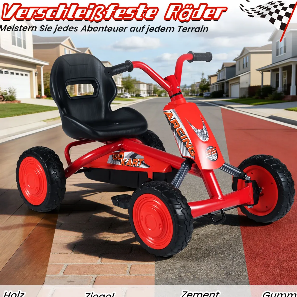 Kinder Gokart Verstellbarer Sitz Pedal Vorwärts Rückwärts Reifen Outdoor für 3-8 Jahre Rot