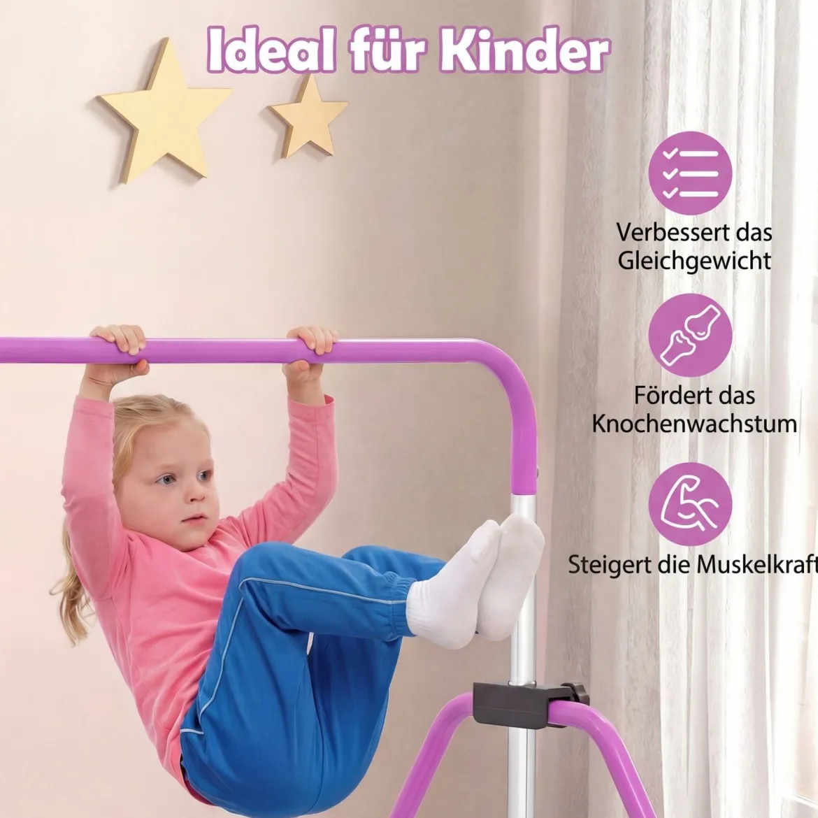 Kinder Gymnastikstange 90-130 cm Höhenverstellbar Faltbare Reckstange Turnstange bis 70 kg Tragbar Violett