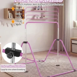 Kinder Gymnastikstange 90-130 cm Höhenverstellbar Faltbare Reckstange Turnstange bis 70 kg Tragbar Violett