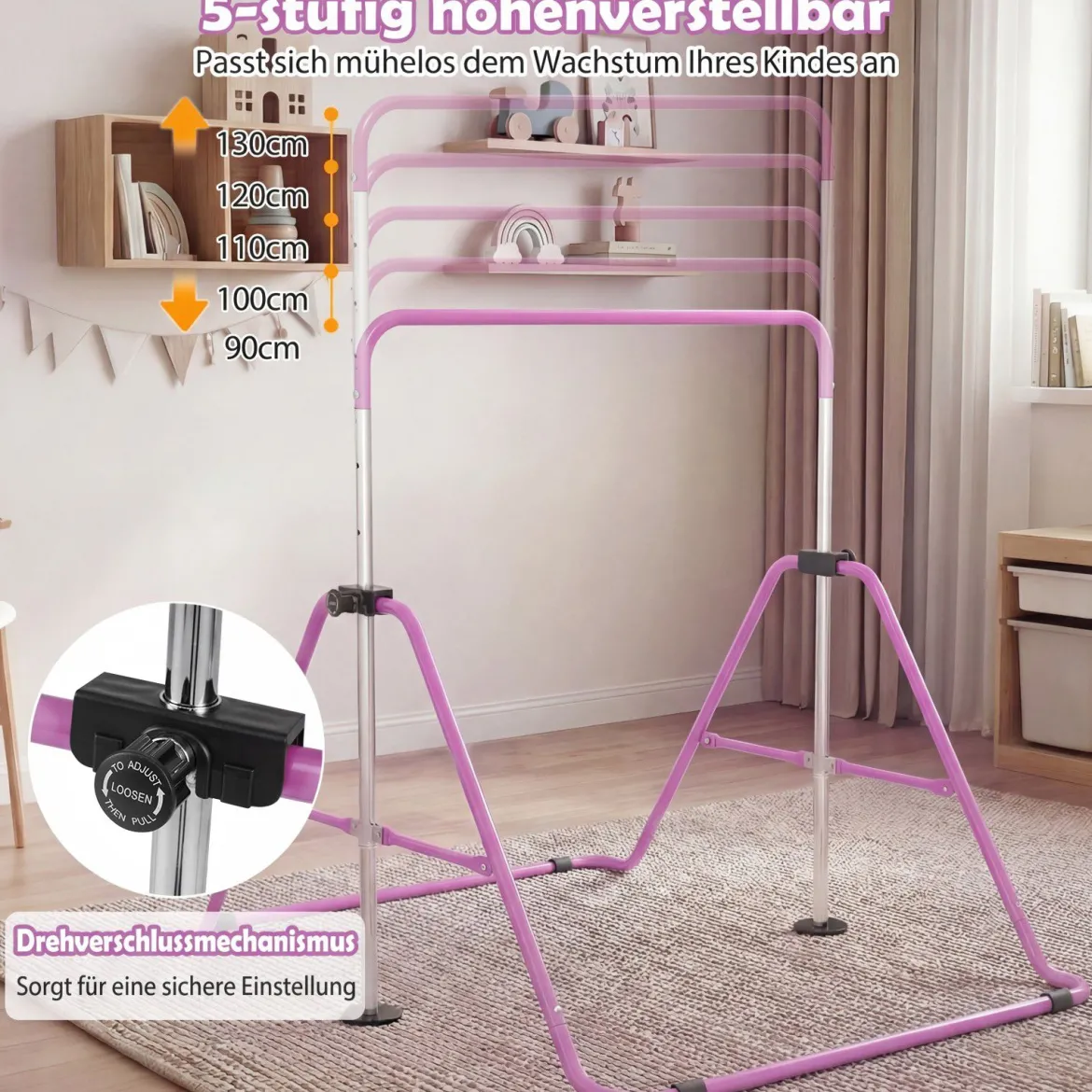 Kinder Gymnastikstange 90-130 cm Höhenverstellbar Faltbare Reckstange Turnstange bis 70 kg Tragbar Violett