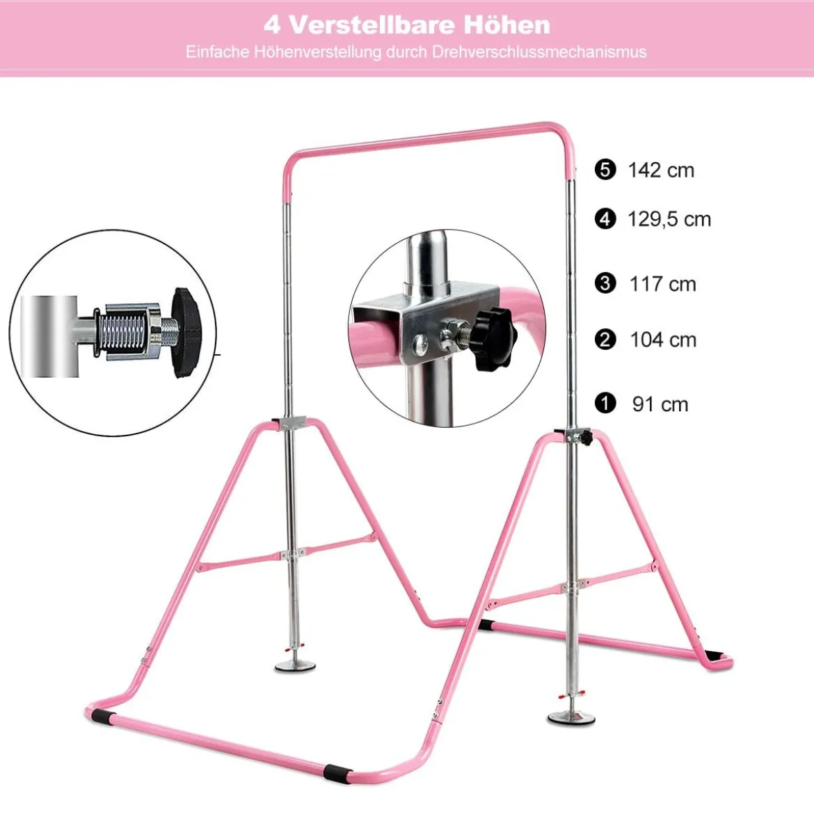 Kinder Gymnastikstange Höhenverstellbar Reckstange 90-130 cm Faltbare Turnstange Rosa