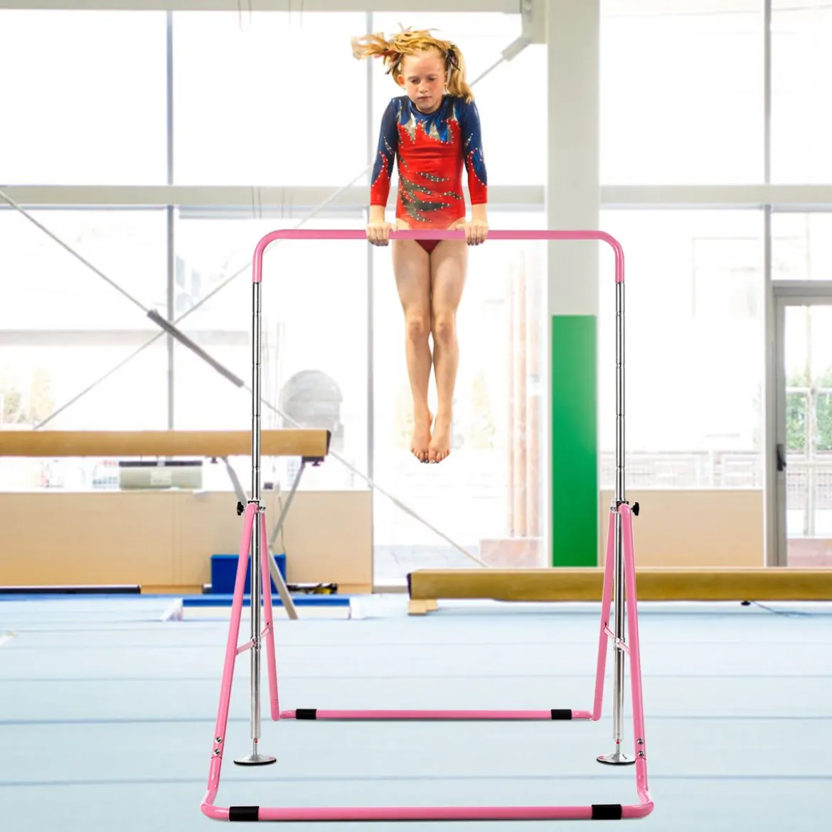 Kinder Gymnastikstange Höhenverstellbar Reckstange 90-130 cm Faltbare Turnstange Rosa